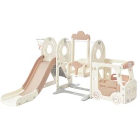 Kids Swing-N-Slide with Bus Play Structure, Freestanding Bus Toy with Slide&Swing for Toddlers, Bus Slide Set with Basketball Hoop (Color: as Pic)