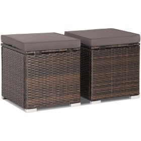 Removable Cushions Footstool Backyard Garden Patio Rattan Wicker Ottomans Seat (Color: Gray)