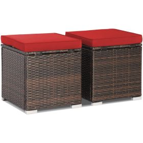 Removable Cushions Footstool Backyard Garden Patio Rattan Wicker Ottomans Seat (Color: Red)